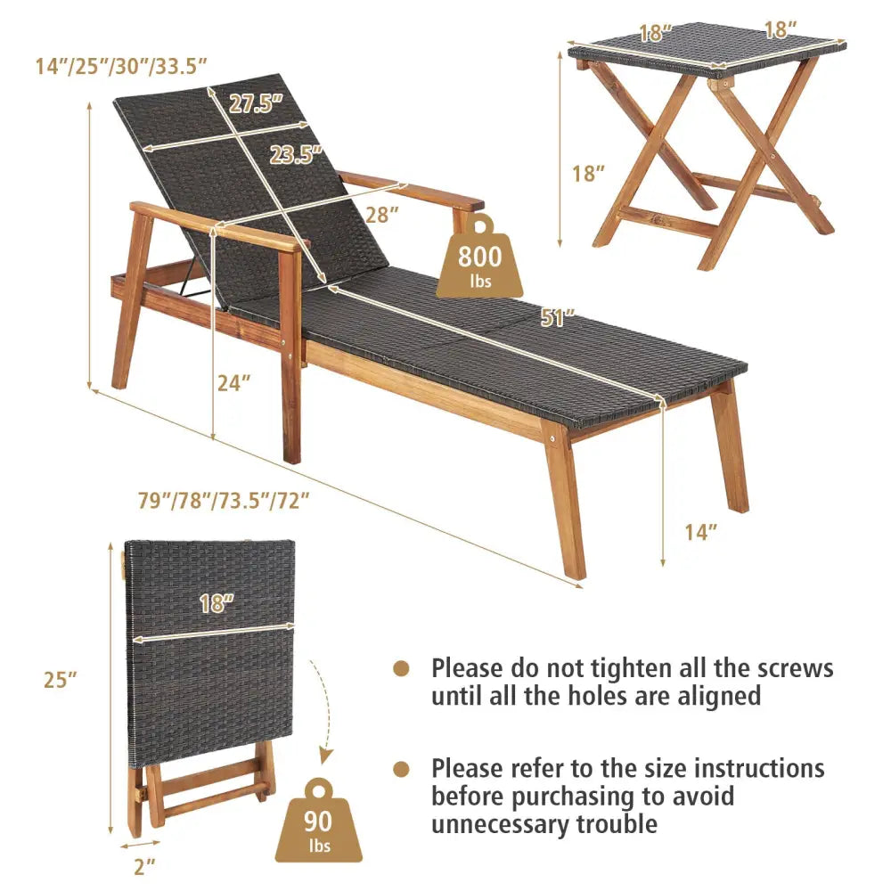 Patio Chaise Lounge and Table Set with 4-Level Adjustable Backrest - Brown - Outdoor Chaise Lounges