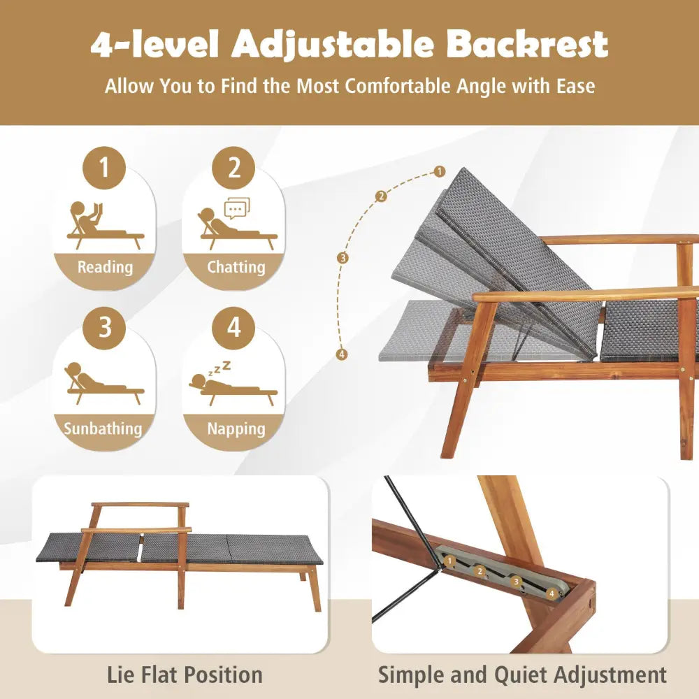 Patio Chaise Lounge and Table Set with 4-Level Adjustable Backrest - Brown - Outdoor Chaise Lounges