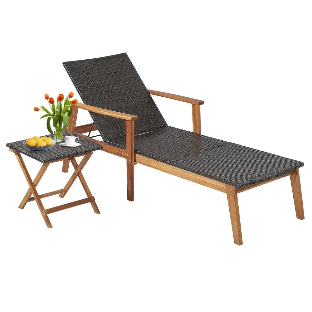 Patio Chaise Lounge and Table Set with 4-Level Adjustable Backrest - Brown - Outdoor Chaise Lounges