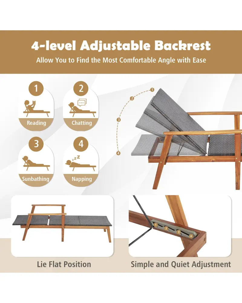 Patio Chaise Lounge and Table Set with 4-Level Adjustable Backrest - Brown - Outdoor Chaise Lounges