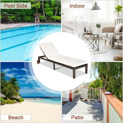 Patio Chaise Lounge Chair Outdoor Rattan Lounger Recliner Chair-Beige - Beige - Outdoor Chaise Lounges