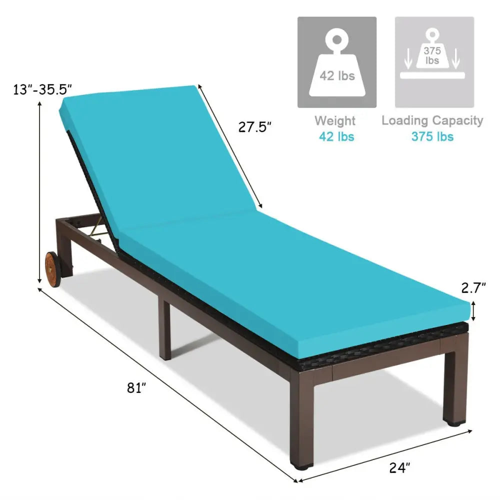 Patio Chaise Lounge Chair Outdoor Rattan Lounger Recliner Chair-Turquoise - Turquoise - Outdoor Chaise Lounges