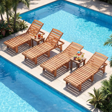 Patio Chaise Lounge Chair Solid Wood Slatted Recliner with Adjustable Backrest-Set of 2 - Natural - Outdoor Chaise