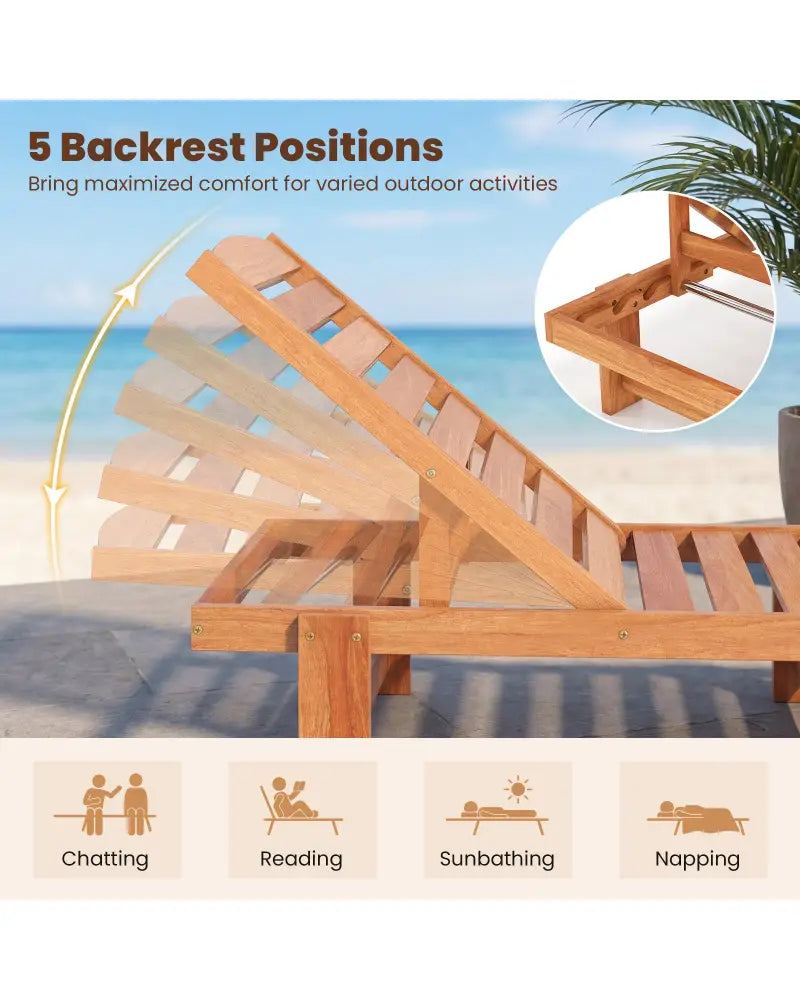 Patio Chaise Lounge Chair Solid Wood Slatted Recliner with Adjustable Backrest-Set of 2 - Natural - Outdoor Chaise
