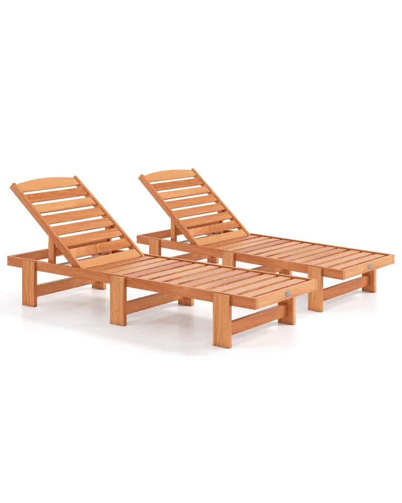Patio Chaise Lounge Chair Solid Wood Slatted Recliner with Adjustable Backrest-Set of 2 - Natural - Outdoor Chaise