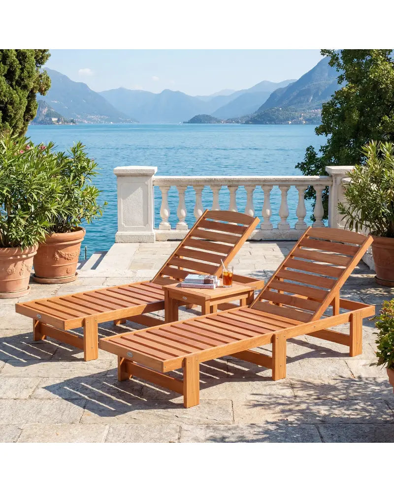 Patio Chaise Lounge Chair Solid Wood Slatted Recliner with Adjustable Backrest-Set of 2 - Natural - Outdoor Chaise