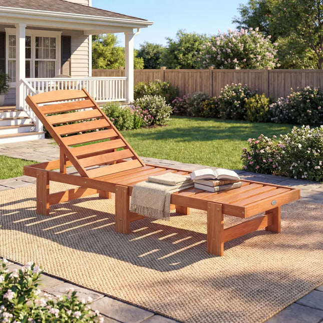 Patio Chaise Lounge Chair Solid Wood Slatted Recliner with Adjustable Backrest-1 Piece - Natural - Outdoor Chaise