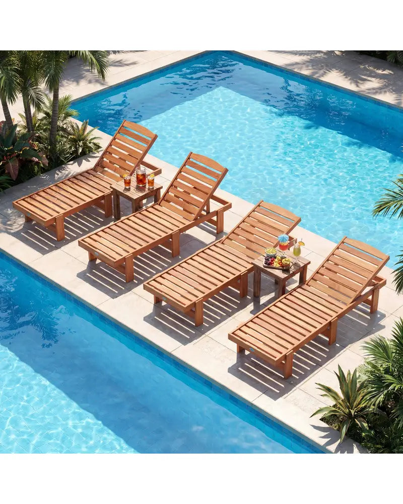 Patio Chaise Lounge Chair Solid Wood Slatted Recliner with Adjustable Backrest-Set of 2 - Natural - Outdoor Chaise