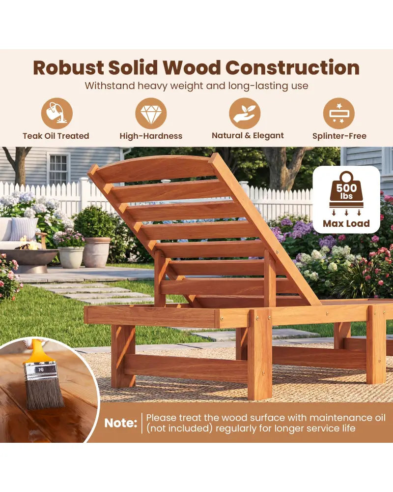 Patio Chaise Lounge Chair Solid Wood Slatted Recliner with Adjustable Backrest-Set of 2 - Natural - Outdoor Chaise