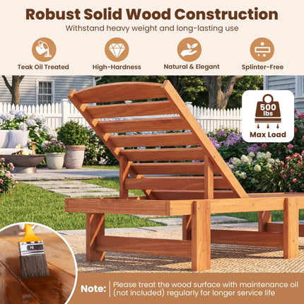 Patio Chaise Lounge Chair Solid Wood Slatted Recliner with Adjustable Backrest-Set of 2 - Natural - Outdoor Chaise