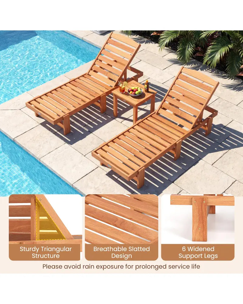 Patio Chaise Lounge Chair Solid Wood Slatted Recliner with Adjustable Backrest-Set of 2 - Natural - Outdoor Chaise