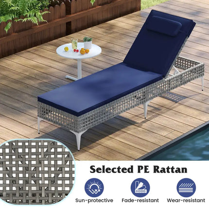Patio Chaise Lounge Chair with 6-Level Adjustable Backrest and Headrest for Poolside-Navy - Navy - Outdoor Chaise