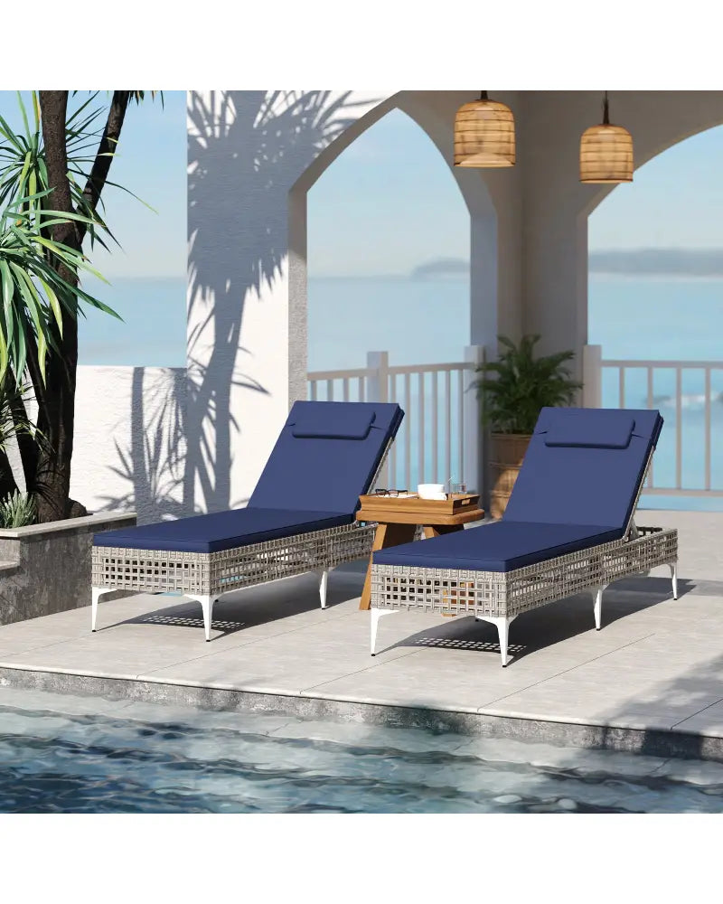Patio Chaise Lounge Chair with 6-Level Adjustable Backrest and Headrest for Poolside-Navy - Navy - Outdoor Chaise