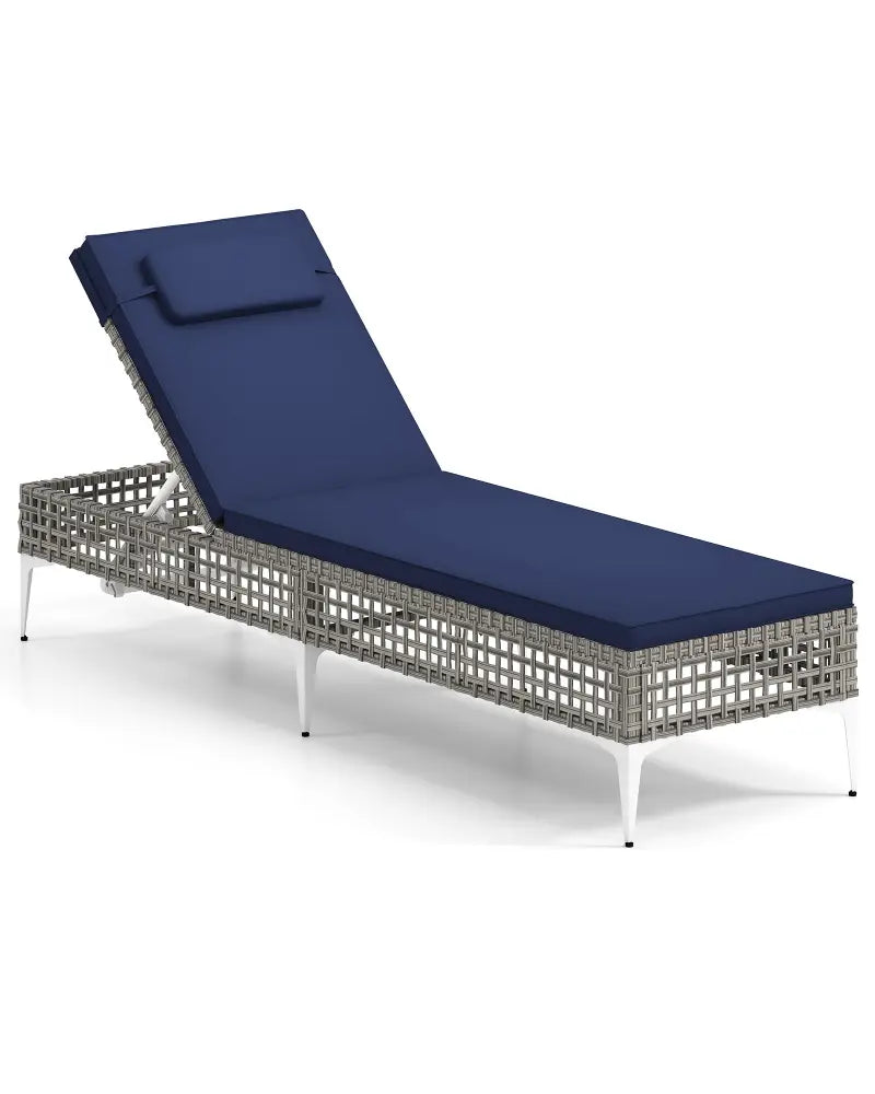 Patio Chaise Lounge Chair with 6-Level Adjustable Backrest and Headrest for Poolside-Navy - Navy - Outdoor Chaise