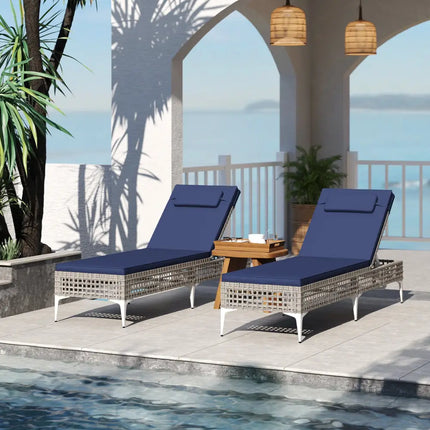 Patio Chaise Lounge Chair with 6-Level Adjustable Backrest and Headrest for Poolside-Navy - Navy - Outdoor Chaise