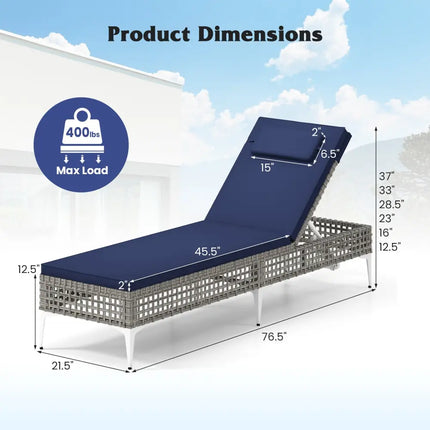Patio Chaise Lounge Chair with 6-Level Adjustable Backrest and Headrest for Poolside-Navy - Navy - Outdoor Chaise