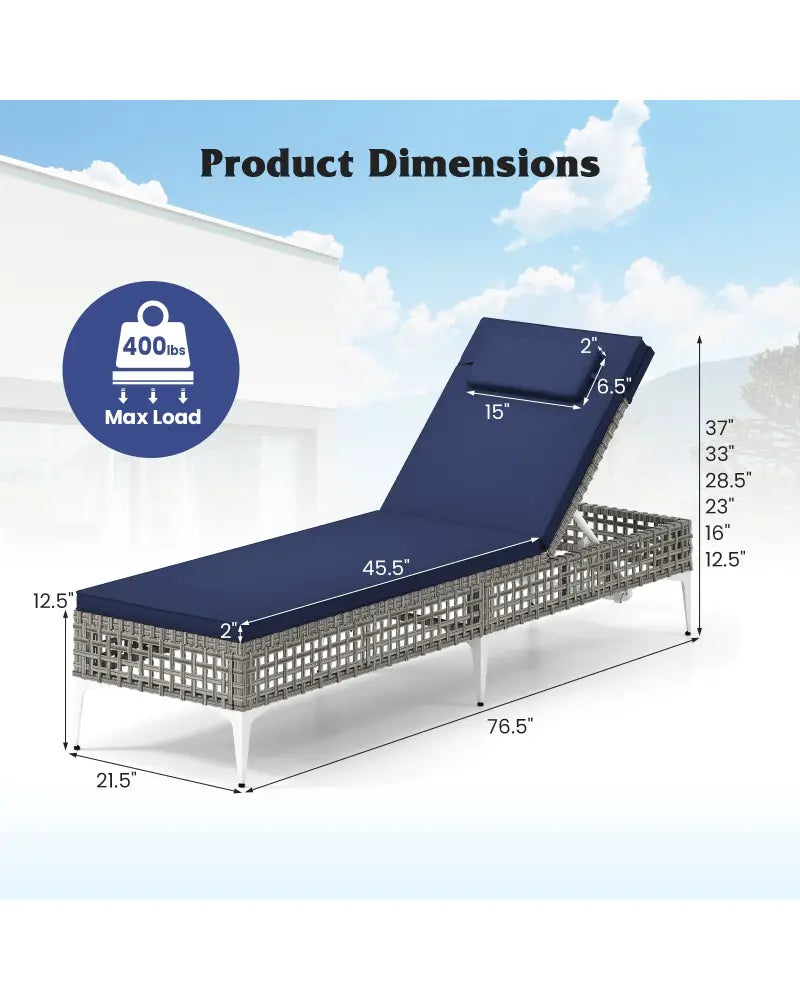 Patio Chaise Lounge Chair with 6-Level Adjustable Backrest and Headrest for Poolside-Navy - Navy - Outdoor Chaise