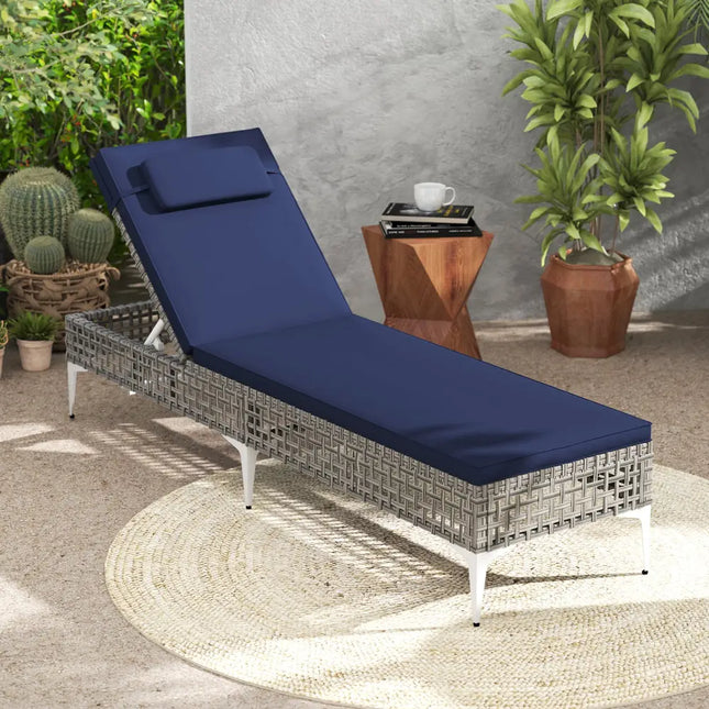 Patio Chaise Lounge Chair with 6-Level Adjustable Backrest and Headrest for Poolside-Navy - Navy - Outdoor Chaise
