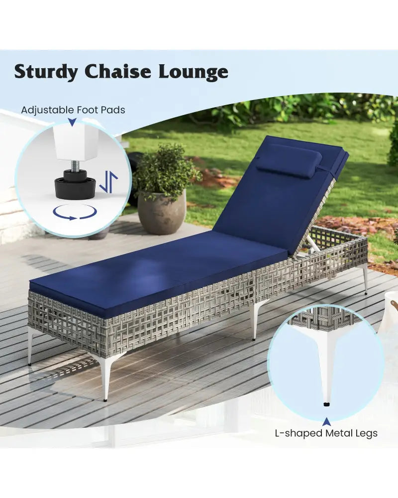 Patio Chaise Lounge Chair with 6-Level Adjustable Backrest and Headrest for Poolside-Navy - Navy - Outdoor Chaise