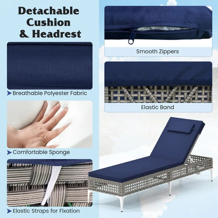 Patio Chaise Lounge Chair with 6-Level Adjustable Backrest and Headrest for Poolside-Navy - Navy - Outdoor Chaise