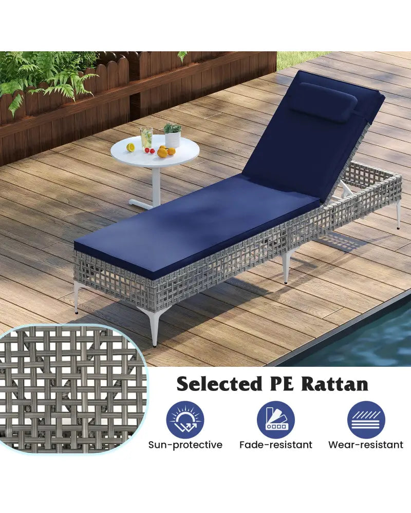 Patio Chaise Lounge Chair with 6-Level Adjustable Backrest and Headrest for Poolside-Navy - Navy - Outdoor Chaise