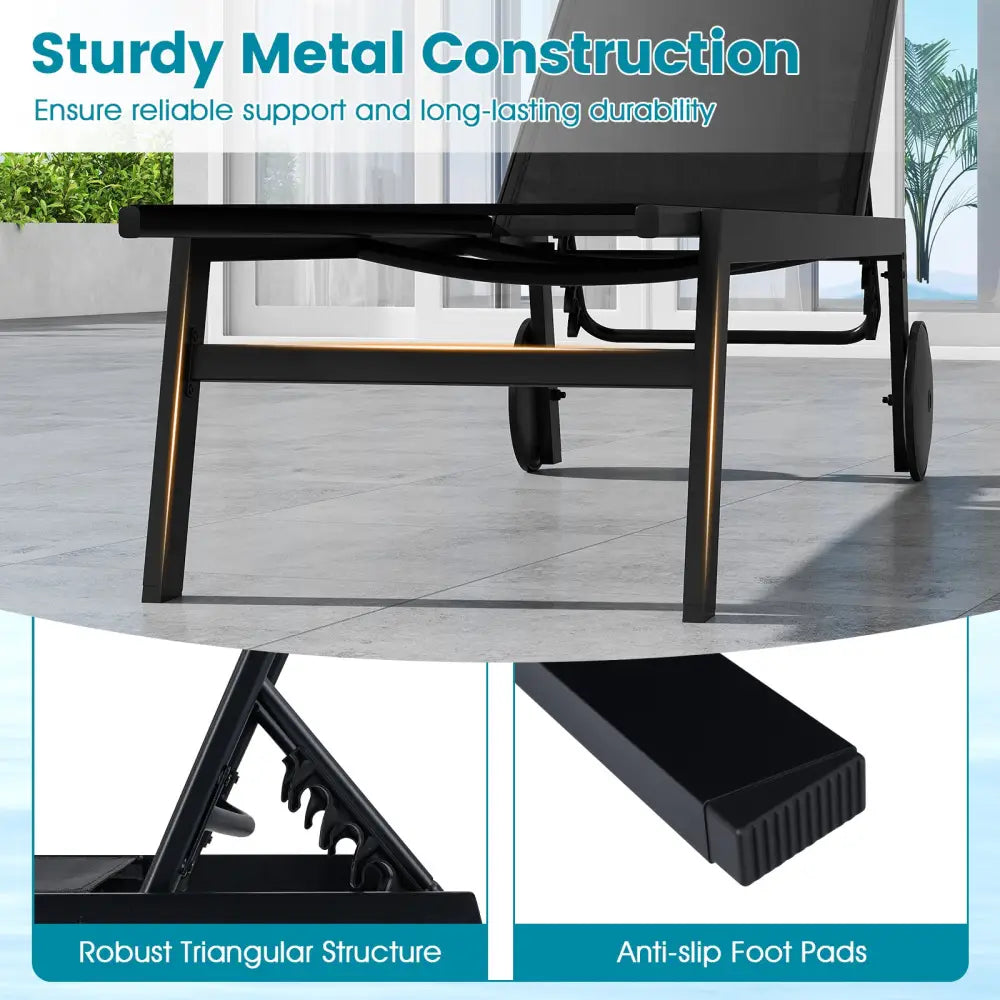 Patio Chaise Lounge Chair with Wheels and 6-Level Adjustable Backrest Set of 1 - Black - Outdoor Chaise Lounges