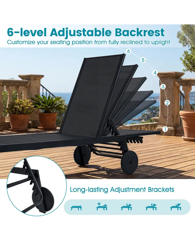 Patio Chaise Lounge Chair with Wheels and 6-Level Adjustable Backrest Set of 1 - Black - Outdoor Chaise Lounges