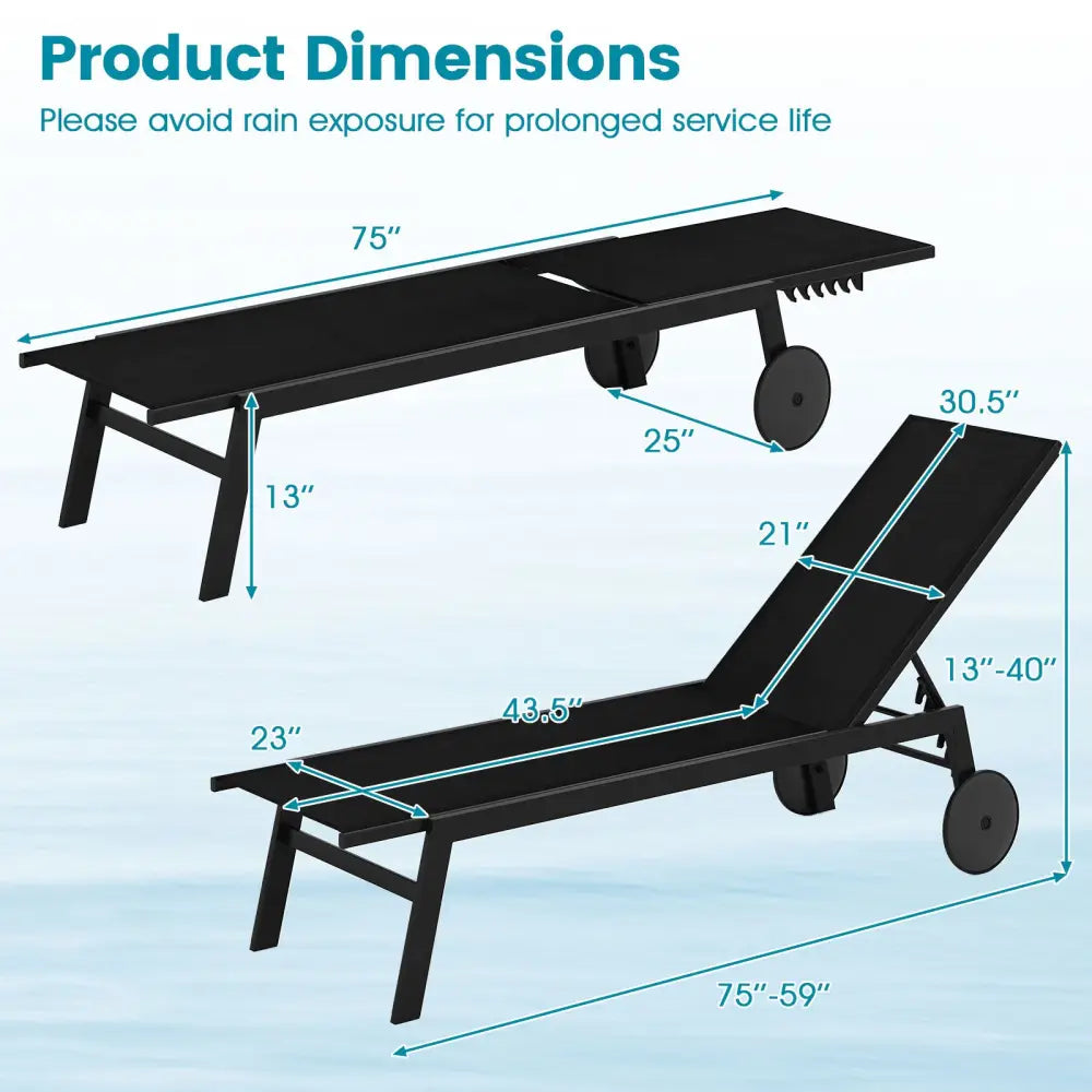Patio Chaise Lounge Chair with Wheels and 6-Level Adjustable Backrest Set of 1 - Black - Outdoor Chaise Lounges