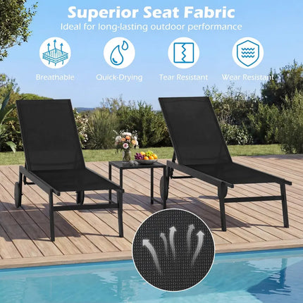 Patio Chaise Lounge Chair with Wheels and 6-Level Adjustable Backrest Set of 2 - Black - Outdoor Chaise Lounges