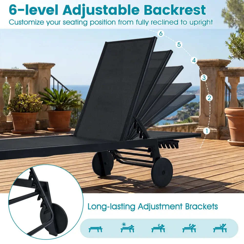 Patio Chaise Lounge Chair with Wheels and 6-Level Adjustable Backrest Set of 1 - Black - Outdoor Chaise Lounges