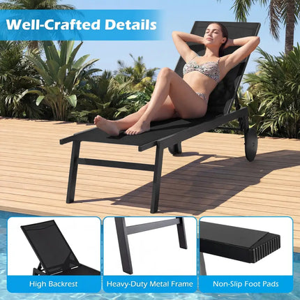 Patio Chaise Lounge Chair with Wheels and 6-Level Adjustable Backrest Set of 2 - Black - Outdoor Chaise Lounges