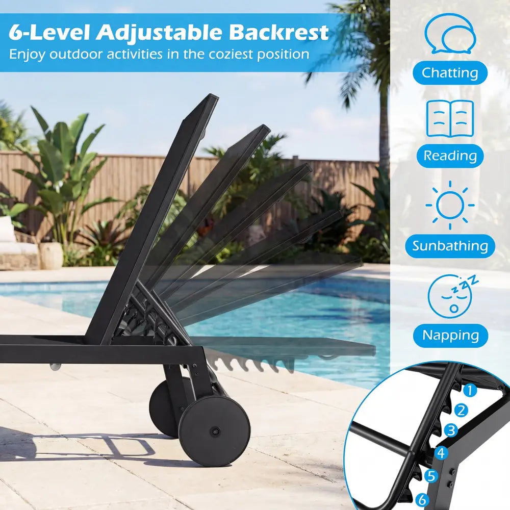 Patio Chaise Lounge Chair with Wheels and 6-Level Adjustable Backrest Set of 2 - Black - Outdoor Chaise Lounges