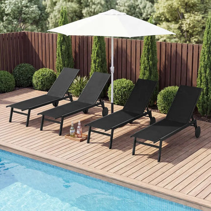 Patio Chaise Lounge Chair with Wheels and 6-Level Adjustable Backrest Set of 2 - Black - Outdoor Chaise Lounges