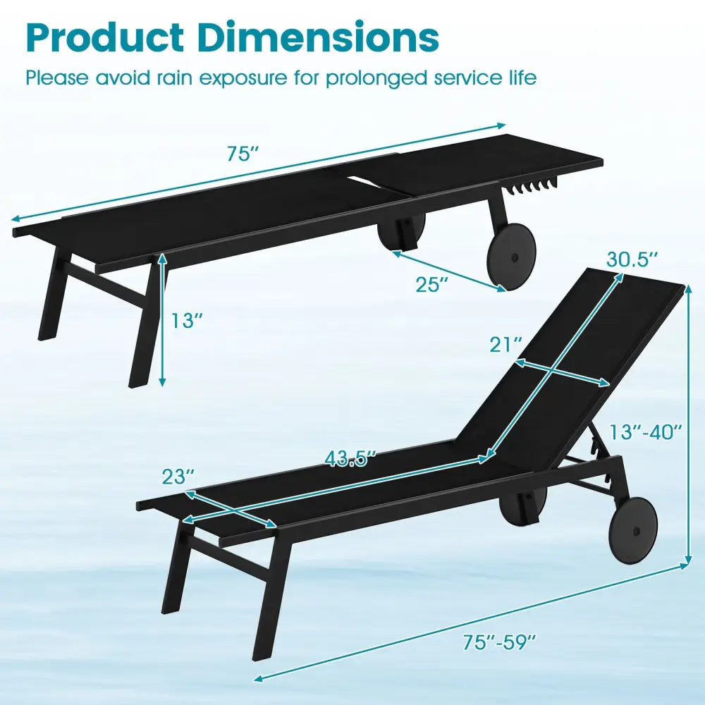 Patio Chaise Lounge Chair with Wheels and 6-Level Adjustable Backrest Set of 1 - Black - Outdoor Chaise Lounges
