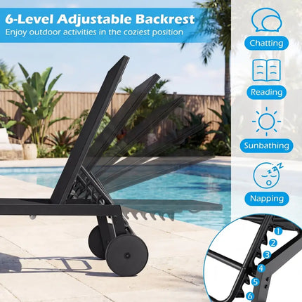 Patio Chaise Lounge Chair with Wheels and 6-Level Adjustable Backrest Set of 2 - Black - Outdoor Chaise Lounges