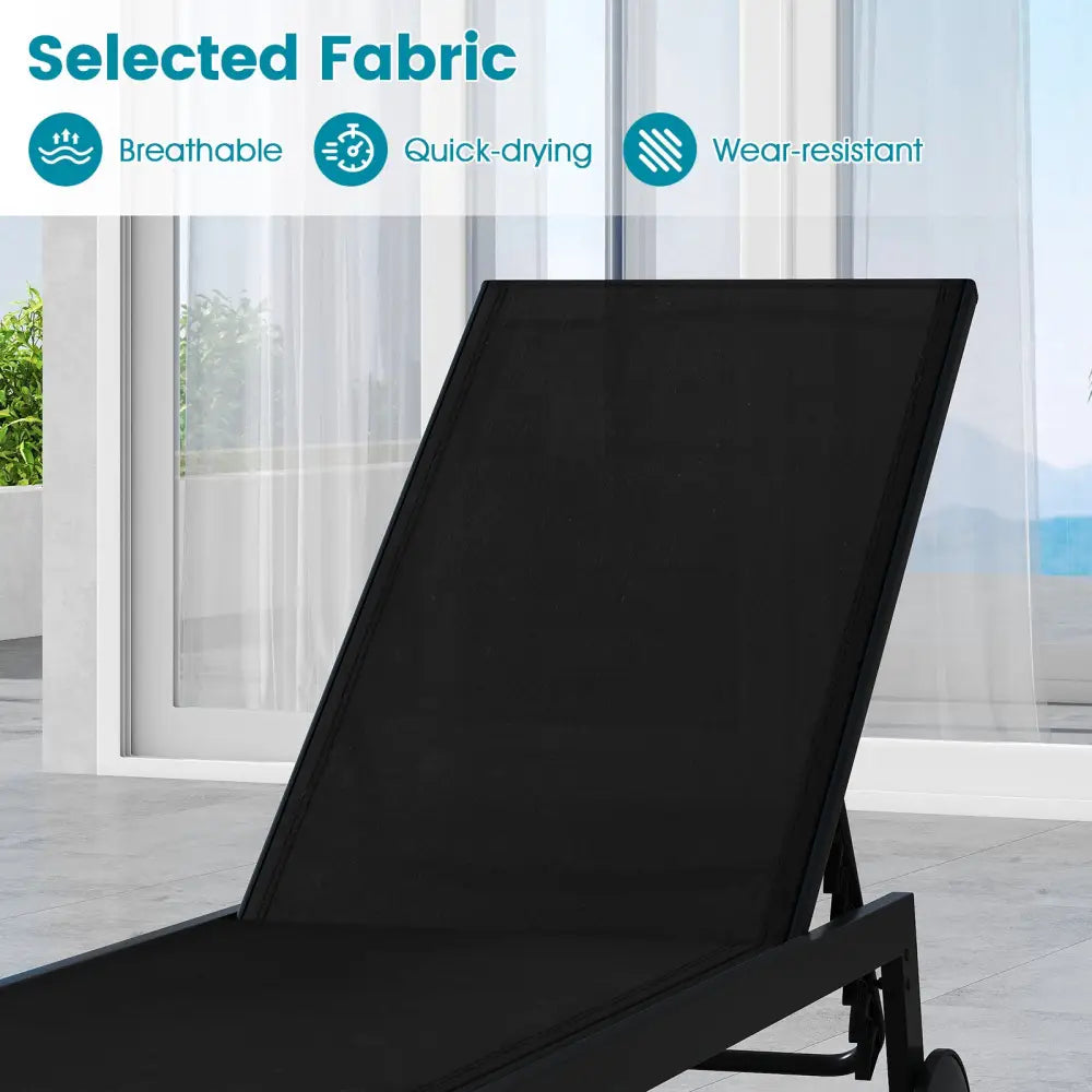 Patio Chaise Lounge Chair with Wheels and 6-Level Adjustable Backrest Set of 1 - Black - Outdoor Chaise Lounges
