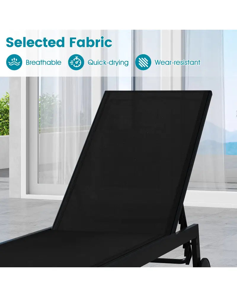 Patio Chaise Lounge Chair with Wheels and 6-Level Adjustable Backrest Set of 1 - Black - Outdoor Chaise Lounges