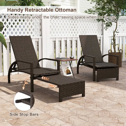 Patio Chaise Lounge Outdoor Rattan Lounge Chair with Retractable Ottoman - Brown - Outdoor Chaise Lounges