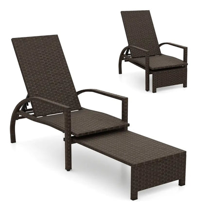 Patio Chaise Lounge Outdoor Rattan Lounge Chair with Retractable Ottoman - Brown - Outdoor Chaise Lounges
