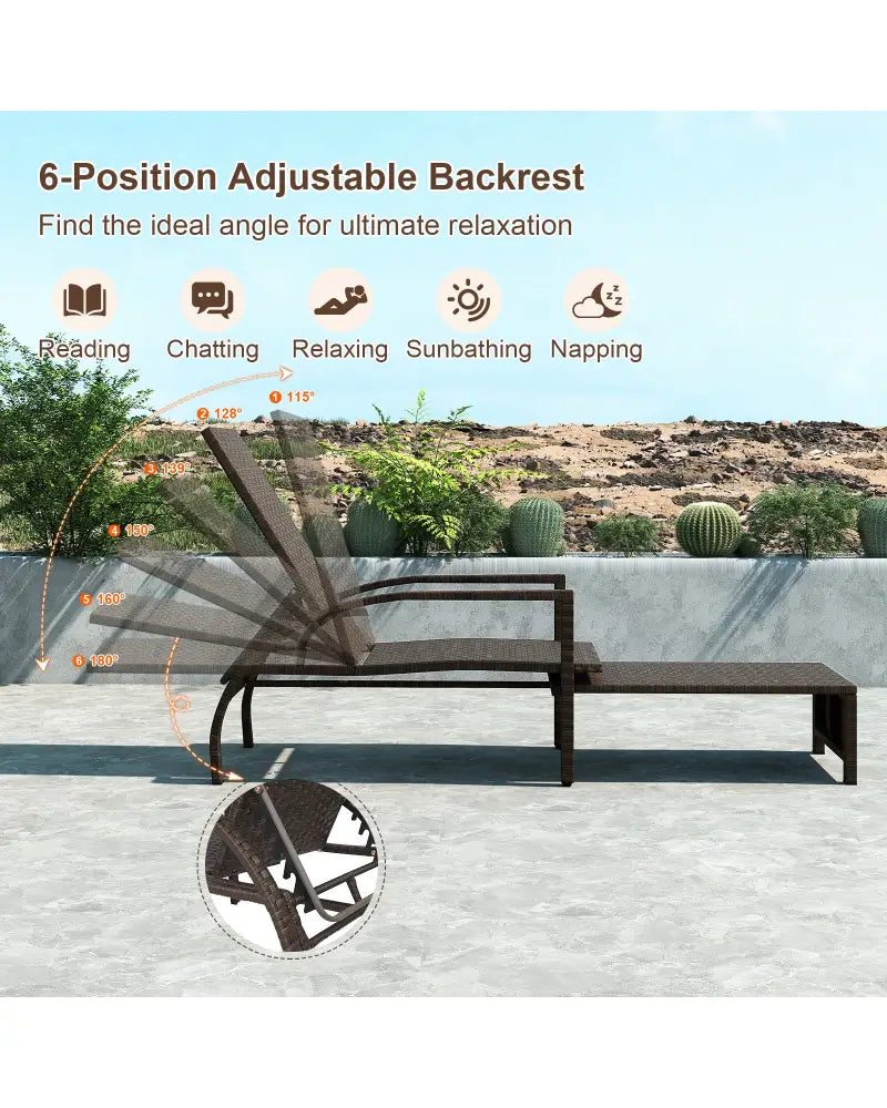 Patio Chaise Lounge Outdoor Rattan Lounge Chair with Retractable Ottoman - Brown - Outdoor Chaise Lounges