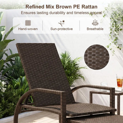 Patio Chaise Lounge Outdoor Rattan Lounge Chair with Retractable Ottoman - Brown - Outdoor Chaise Lounges