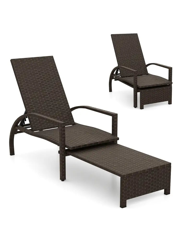 Patio Chaise Lounge Outdoor Rattan Lounge Chair with Retractable Ottoman - Brown - Outdoor Chaise Lounges