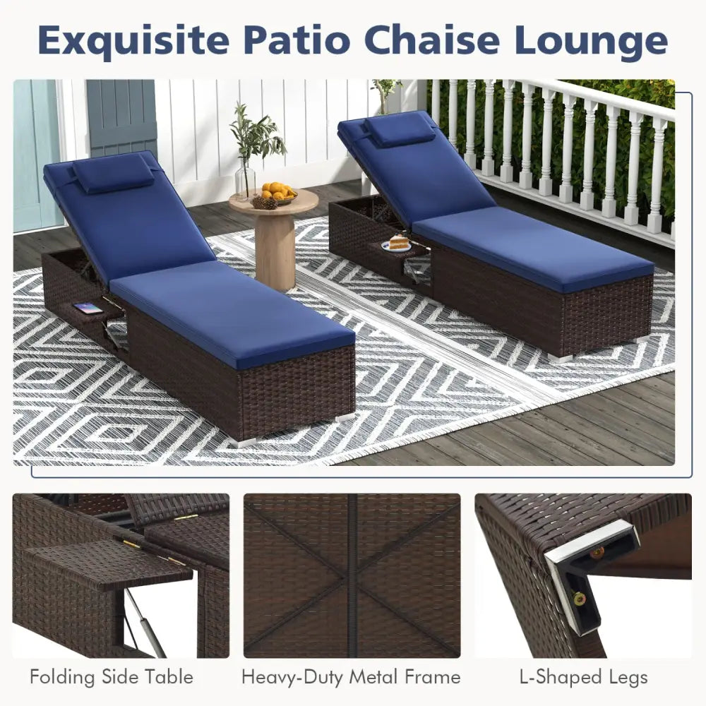 Patio Chaise Lounge Set of 2 with Backrest Seat Cushion and Headrest-Navy - Navy - Outdoor Chaise Lounges