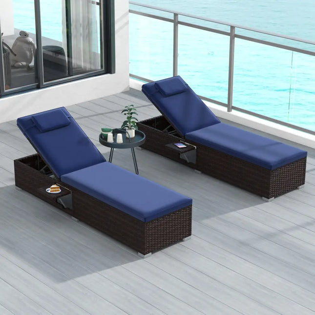 Patio Chaise Lounge Set of 2 with Backrest Seat Cushion and Headrest-Navy - Navy - Outdoor Chaise Lounges