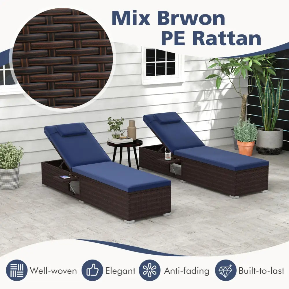 Patio Chaise Lounge Set of 2 with Backrest Seat Cushion and Headrest-Navy - Navy - Outdoor Chaise Lounges