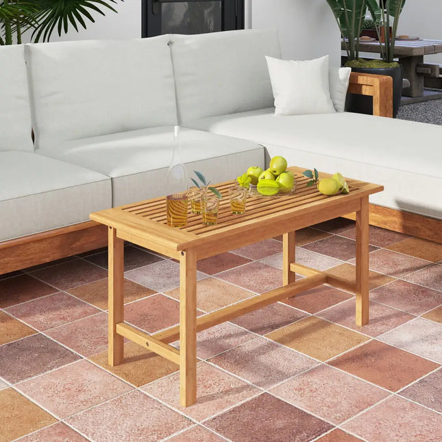 Patio Coffee Table 36 Inch Rectangular Outside Side Table with Slatted Tabletop - Natural - Patio Coffee Tables