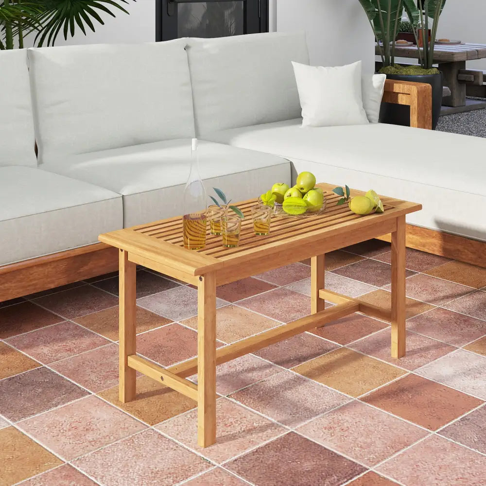 Patio Coffee Table 36 Inch Rectangular Outside Side Table with Slatted Tabletop - Natural - Patio Coffee Tables