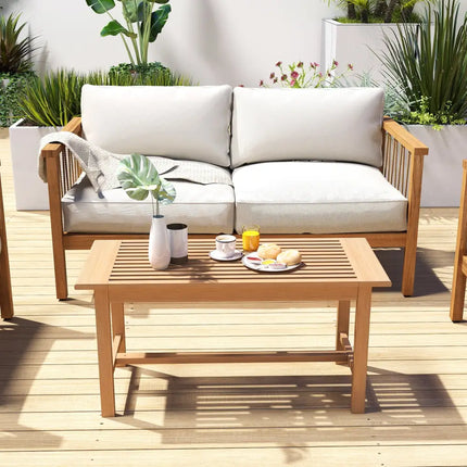 Patio Coffee Table 36 Inch Rectangular Outside Side Table with Slatted Tabletop - Natural - Patio Coffee Tables
