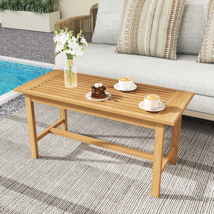 Patio Coffee Table 36 Inch Rectangular Outside Side Table with Slatted Tabletop - Natural - Patio Coffee Tables
