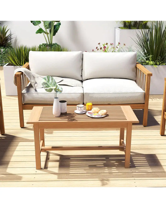 Patio Coffee Table 36 Inch Rectangular Outside Side Table with Slatted Tabletop - Natural - Patio Coffee Tables